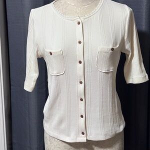 LOFT Pointelle Pocket Cardigan Top in Whisper White